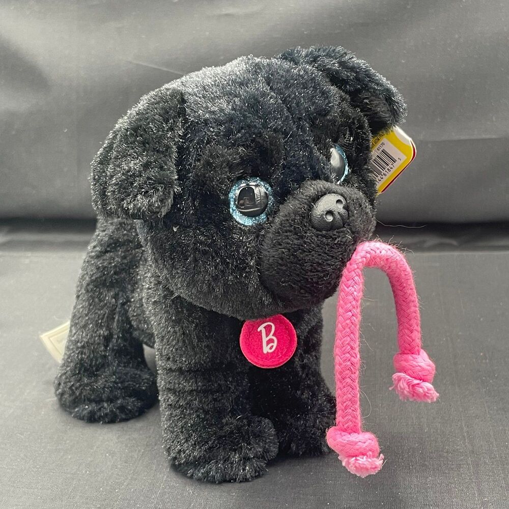 Barbie Black Pug Stuffed Animal Dog Plush Toy with Pink Rope